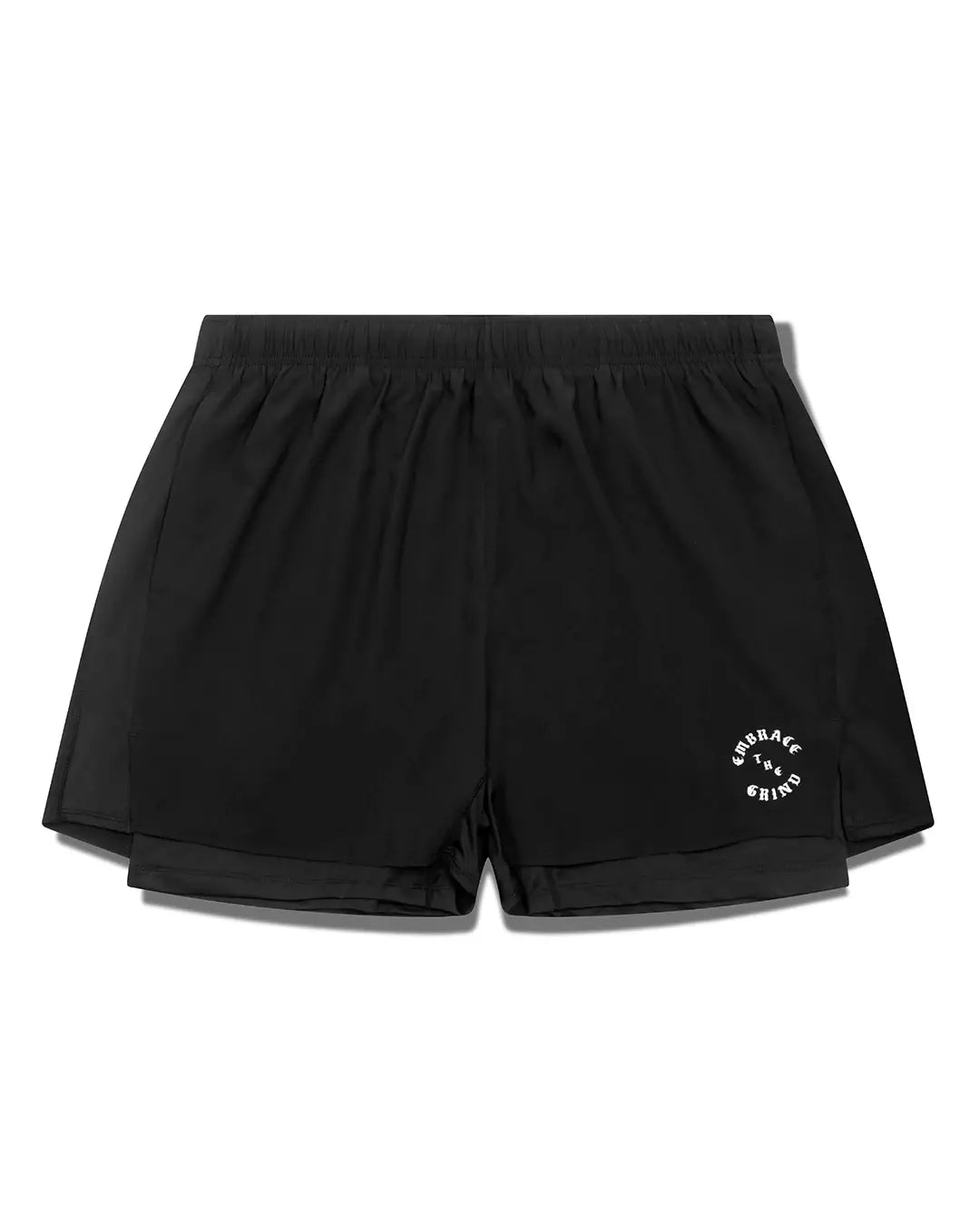 Black 2-in-1 MMA training shorts with compression liner — front view