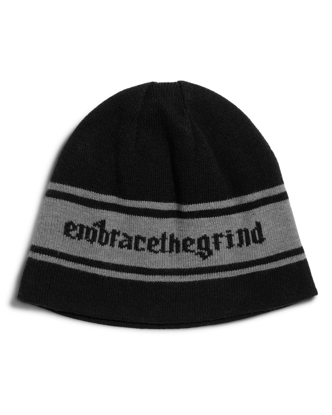 Black fightwear beanie with embroidered Embrace The Grind branding — front view