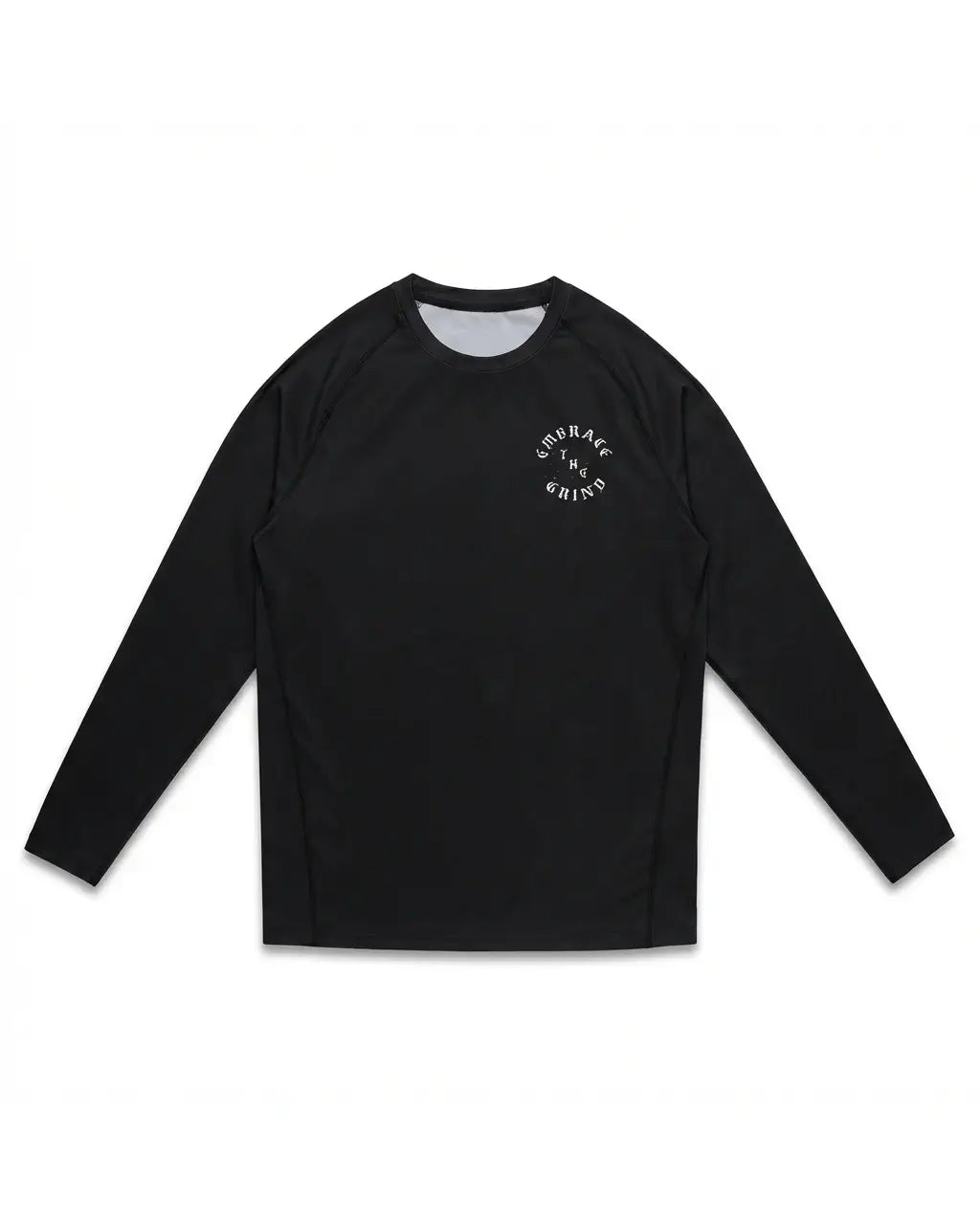 Black long sleeve rashguard for BJJ and MMA — front flat lay
