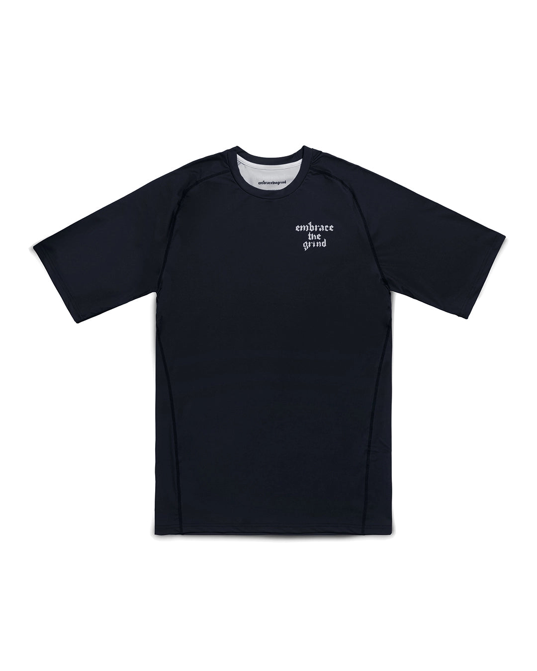 Black short sleeve rashguard for BJJ and MMA — front view